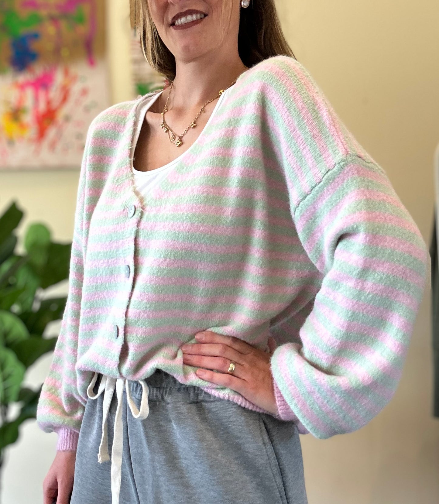 Ibiza Stripe Mint Rosé Cardigan
