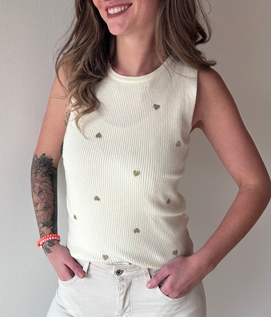 Stricktop beige mit goldenen Herzen