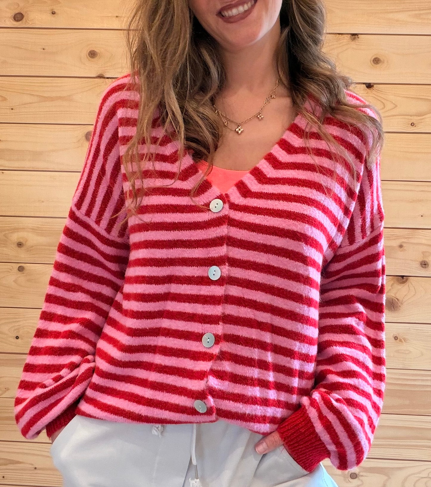 Strickjacke Candy Stripe Rot/Rosa