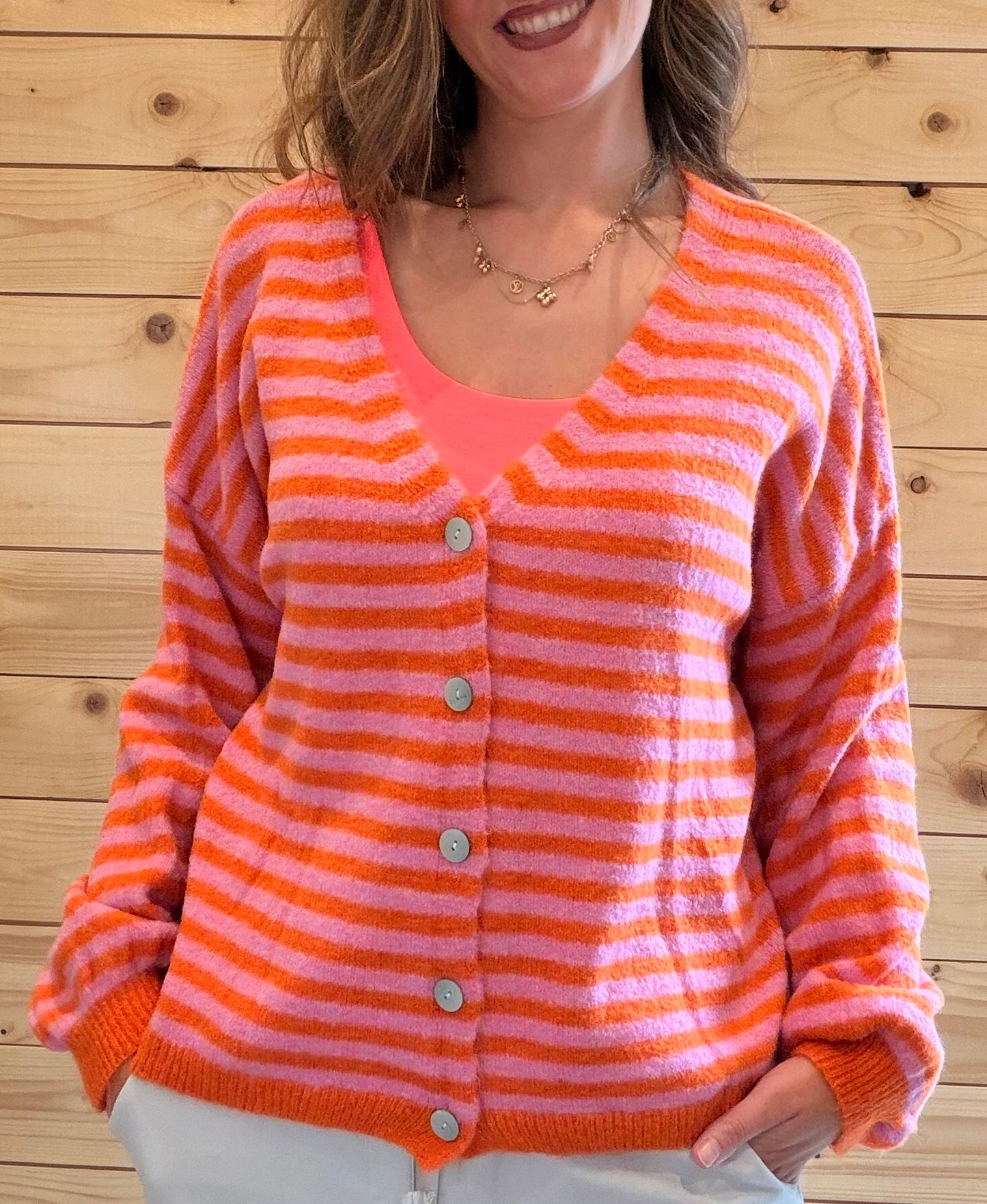 Strickjacke Candy Stripe Orange/Rosa